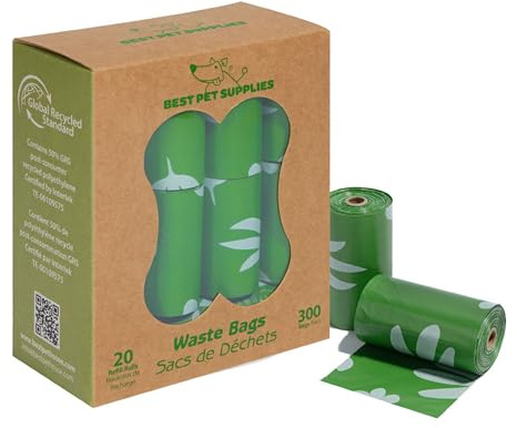 Best Pet Supplies Poop Bags for Dogs, 50% Post-Consumer Recycled Content dog waste bags on rolls, fits all poop bag holders for leashes - 300 Count, Green, Unscented