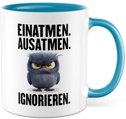 Tasse mit Spruch – Geschenk Einatmen. Ausatmen. Ignorieren. – Kaffeetasse 330ml aus Keramik – Sarkasmus, Witz, Büro, Geschenkidee – Kaffee-Becher