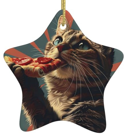 Christbaumkugel aus Keramik, zum Aufhängen, Motiv: Katze, Pizza, zum Essen, für festliche Party, Neujahr, Weiß