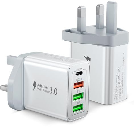 2-Pack USB C Plug Fast Charge, 40W 4-Port USB C Charger Plug UK, 20W PD Power Adapter + QC 3.0 + Dual USB, Mutil Type C Charging Plug for iPhone Series, Samsung, iPad, Small Fan, Bluetooth Speaker