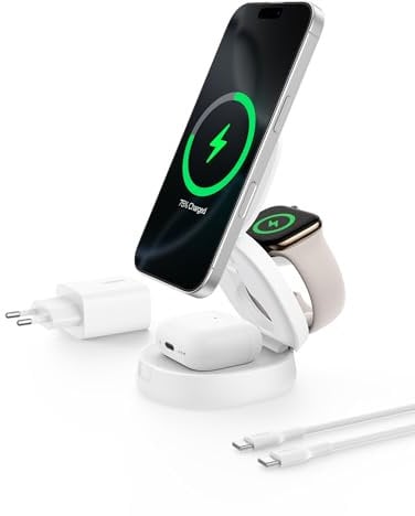Belkin 3-in-1 Kabellose Ladestation (15W), MagSafe-kompatibel, Qi2-zertifiziert, kabelloses Ladegerät für iPhone 16, 15, 14, Apple Watch, AirPods, Rutschfester Sockel, inkl. 36-W-Netzteil – Weiß