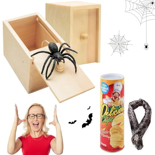 TELAOBAN Halloween Kartoffelchips Dosen Schlange, mit 2 Stück Spinne Streich Box, 1 Stück Kartoffelchips Schlange, Holz Prank Spider Scare Box, Toy Kartoffelchip-Dose, für Party Geschenk Geburtstags