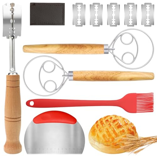 Sauerteig Zubehör Bäckermesser,5 Stk Bäckermesser Set,Sauerteig Starter Set Inkl.2 Stk Dänischer Schneebesen,Teigmesser mit 5 Bäckerklinge Teigschneider,Backpinsel,Brot Backen Zubehör für Gärkörbchen