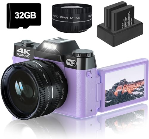 4K 56MP Digitalkamera, Vlogging-Kamera für YouTube mit WLAN, Autofokus, 16-facher Digitalzoom, Kompaktkamera mit 32G Micro-SD-Karte und 2 Batterien (lila)