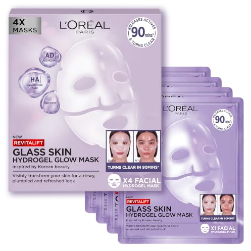 L'Oreal Paris Glass Skin Hydrogel Face Masks, Korean Inspired, 4 Pcs