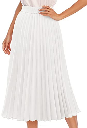 DRESSTELLS Plissee Rock Damen Chiffon Maxi Langer Faltenrock A-Linie Hohe Taille Festlicher Midi-Rock Casual Strandrock White L