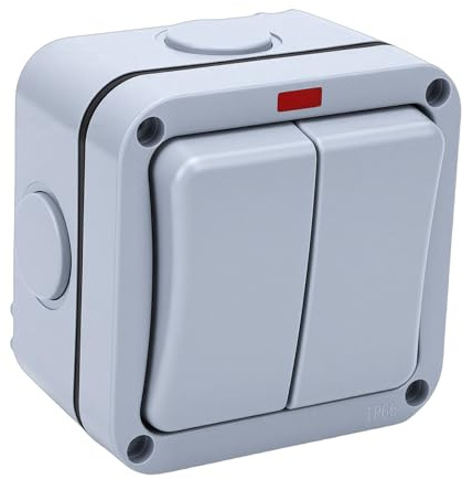 Headerbs Interrupteur D'éclairage Extérieur, Interrupteur électrique étanche IP66 à 2 Gangs à Double Commande 20A avec Voyant Lumineux, pour la sécurité Extérieure Résistante aux
