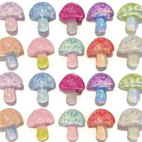 KARLOR 20 Stück Pilzfigur Bastelzubehör Pilzen Deko Glitzer Pilzen Ornament Leuchtend Bunte Mushrooms Accessoires für Basteln Handkunstwerk DIY Schmuck leuchtet im Dunkeln (Pilz)
