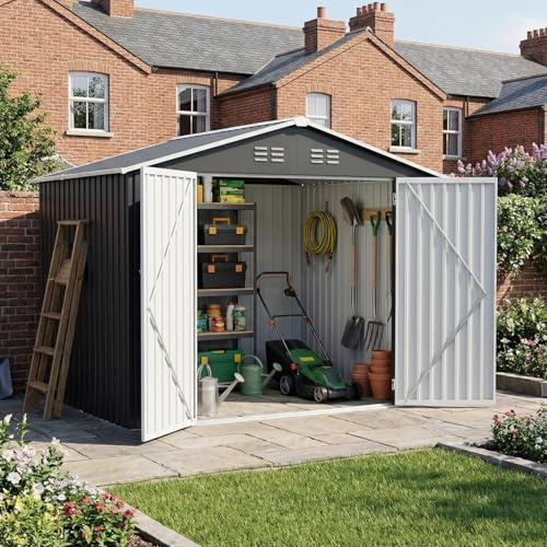 UDPATIO Abri de Jardin Métal 250x184x193 cm - Cabane de Jardin Extérieur avec Toit Incliné et Porte Verrouillable, Rangement Outils de Jardin/Vélo, Gris