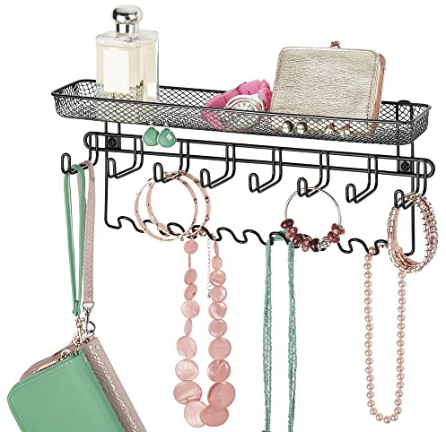 mDesign Schmuckhalter Wand – Hängeaufbewahrung für Halsketten, Ohrringe, Armbänder und andere Accessoires – praktischer Schmuck Organizer aus Metall – schwarz