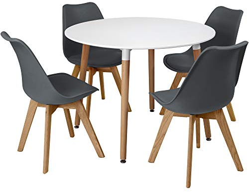 Charles Jacobs White Circular Dinner Table Set with 4 Dining Chairs - Grey