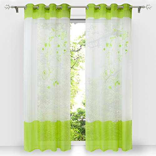HongYa 1 Stück Bestickte Gardine Transparenter Voile Vorhang Ösenschal H/B 225/140 cm Grün