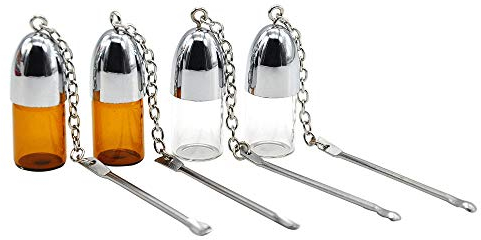 Mini Small Size Silver Clear&Brown Glass Snuff Pill Box Bottle Vial w/Metal Spoon Spice Bullet Rocket Snorter Case