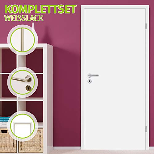 HORI® Zimmertür Komplettset mit Zarge und Türdrücker I Weißlack-Innentür I Höhe 198,5 cm I Größen und BB- oder WC-Schloss wählbar I 1985 x 860 x 300 mm I DIN rechts