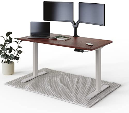 DESKSPACE PRO Elektrisch höhenverstellbarer Schreibtisch - 140x70 cm Mahagoni Tischplattem, Ergonomischer Stehpult mit Memory Funktion & Kollisionschutz, Weißes elektrisches Gestell mit Ladebuchse