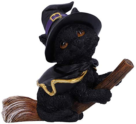 Nemesis Now Tabitha Kleine Hexen, vertraute Schwarze Katze und Besen, Figur, 11 cm
