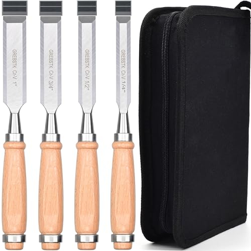 GREBSTK 24cm Holz Meißel Set für Holzbearbeitung, 4 tlg. Chrom Vanadium Stahl Schräge Kante Bank Meißel mit Kappe, bequemer Buche High Impact Griff mit Leinwand Tasche