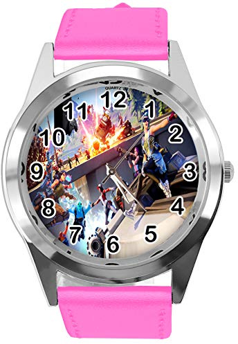Montre ronde en cuir rose vif FG4