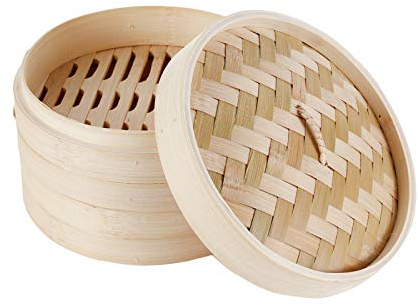 HANHAN Cuiseur vapeur en bambou naturel, panier vapeur à vapeur 2 niveaux avec couvercle, idéal pour les avions, légumes et dim Sum (21 cm)