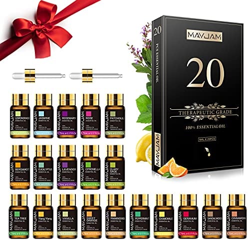 MAYJAM Set di Oli Essenziali 20 Pezzi, Set Regalo Di Oli Essenziali Per Diffusore, Umidificatore - Lavanda Gelsomino Eucalipto Vaniglia Sandalo Arancio Dolce Rosa Bergamotto E Altro Ancora