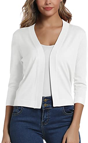 EXCHIC Femmes élégant Manches 3/4 Ouvert Devant Boléros Cardigan Gilet (L, Blanc)