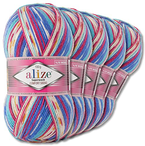 Wohnkult Alize 5x100g Superwash Comfort Sockenwolle 33 Farben zur Auswahl EIN-/Mehrfarbig (7654)