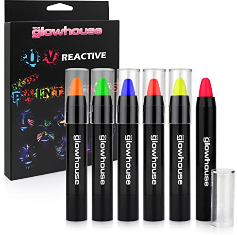 The Glowhouse UV Pintura facial de neón y barra de pintura corporal (paquete de 6) ¡Fluorescente brillante que brilla bajo los rayos UV!