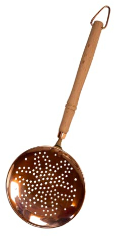 CopperGarden Schaumlöffel mit Holzgriff I Schaumkelle aus blankem Kupfer I flache Siebkelle mit feinen Löchern I Abseihlöffel mit Haken zum Aufhängen I Kelle mit 28 cm Länge & 10 cm Durchmesser