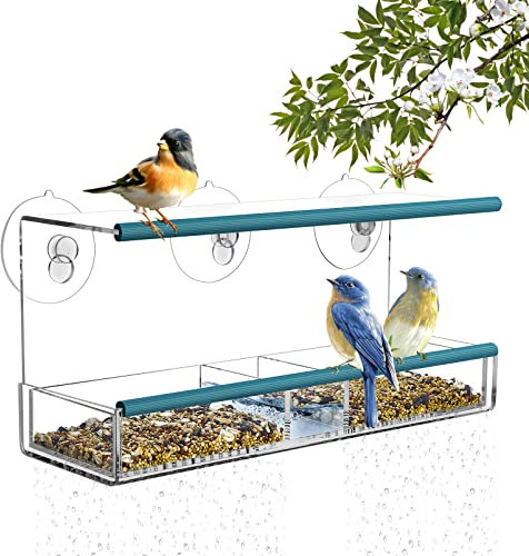Baysavan Fenster-Vogelfutterhaus mit Tränken und starken Saugnäpfen, großes transparentes Vogelfutterhaus zum Betrachten mit herausnehmbaren Tabletts und weichem Ständer und Drainagelöchern für Kinder