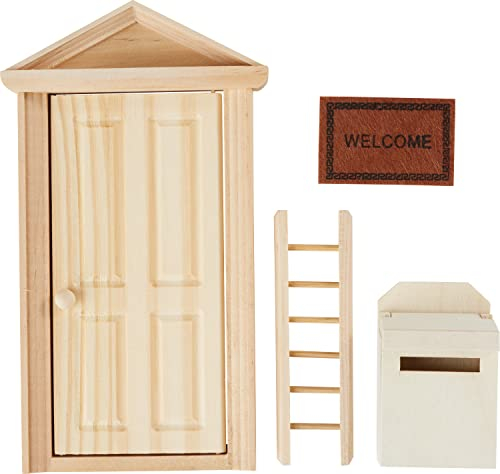 HobbyFun Wichteltür Set Briefkasten 4-teilig Miniatur Holz Polyester Weihnachten Deko Puppenhaus Zubehör