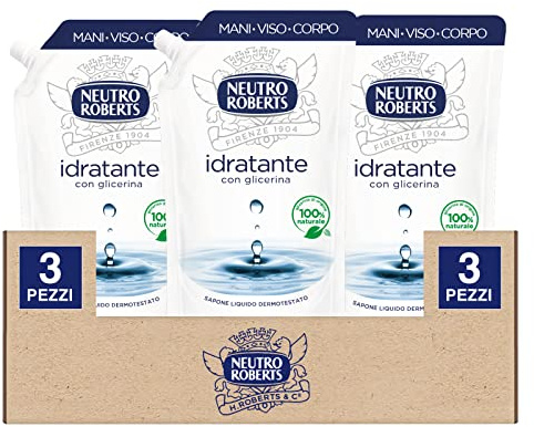 Neutro Roberts Ecopouch Ricarica Sapone Liquido Idratante per Mani Viso e Corpo Ecoricarica con 100% Glicerina Naturale per Pelle Morbida e Sana Dermatologicamente Testato - 3 Flaconi da 400ml