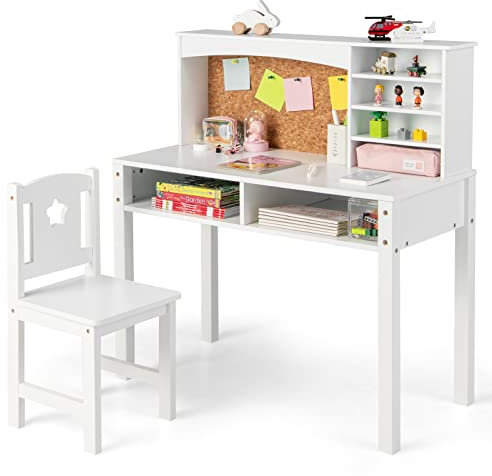GYMAX Kids Desk and Chair Set, Wooden Children Study Table with Storage Space and Bulletin Board, Toddler Writing Desk Set for Boys Girls (White)