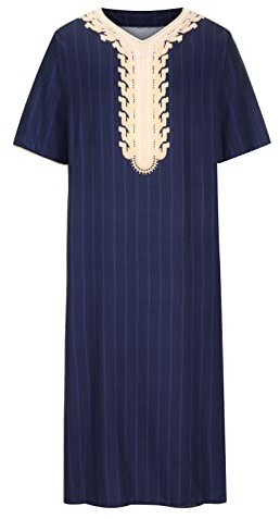 JUANMAO Muslim Robe V-Ausschnitt Herren Kurzarm Hijab Abaya Mantel Streifen Thobe Sommer Retro Männer Muslimisches Kleid Kaftan Gewand Arabisch Gebet Eid Kleidung Lange Islamisch Royalty Dubai Robe