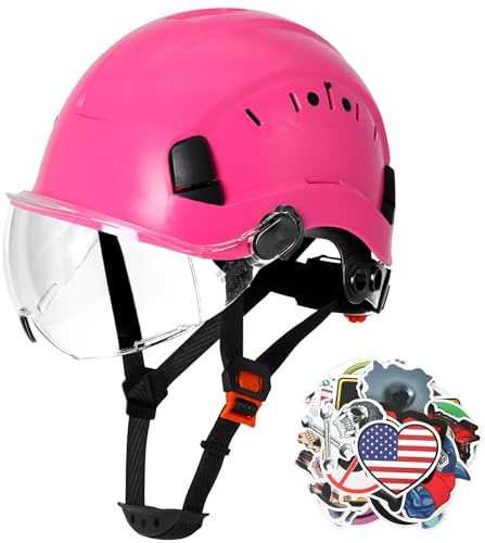 Aolamegs Schutzhelme für Damen, OSHA-genehmigt, ANSI Z89.1, Schutzhelm mit transparentem Visier, verstellbar, belüftet, Cascos de Construccion Arbeits-Hardhats, 6-Punkt-Ratschen-Hardhat, Rosa