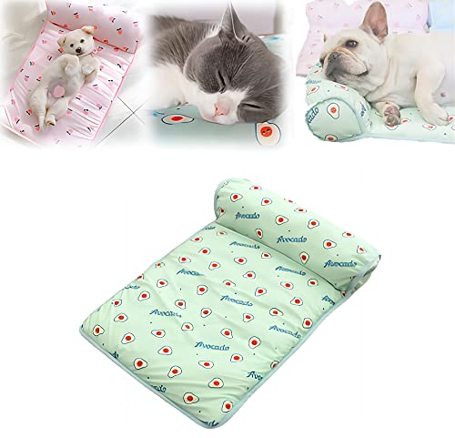 Kühlbett für Katzen/Hunde, Sommer-Haustier-Kühlmatte aus Eisseide mit Kissen, waschbare Kühlmatte aus Eisseide, Kühldecke für Haustiere, kühle Unterlage für Hunde und Katzen (Green,L (31.5 * 23.6in))