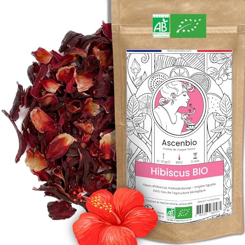 Ascenbio ✿ Fleurs d'hibiscus 100% BIO, 1ere récolte, séchées entières ✿ Tisane Karkadé Bissap ✿ 180g vrac ✿ Préparé et conditionné en France ✿ Emballage biodégradable