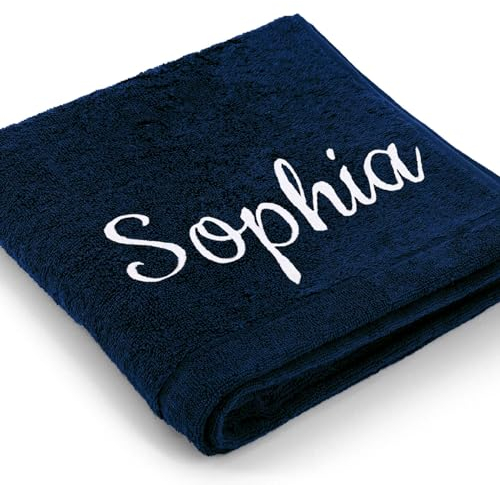 Cawö Premium Handtuch mit Namen oder Wunschtext Bestickt, personalisiertes Duschtuch, individuelles Duschtuch, 100% Baumwolle, 70 x 140 cm Navy