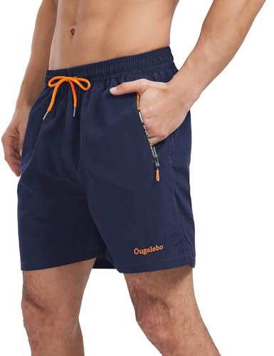 Ougelebo Badehose Herren Badeshorts Herren Kurz Schnelltrocknend Männer Schwimmhose Schwimmshort mit Reißverschluss Swimming Shorts Men Dunkelblau L