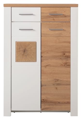LIVIN Kommode - Eiche Altholz Dekor - B 80 x H 122 cm - Weiß supermatt Dekor - 2 Türen und 2 Schubladen