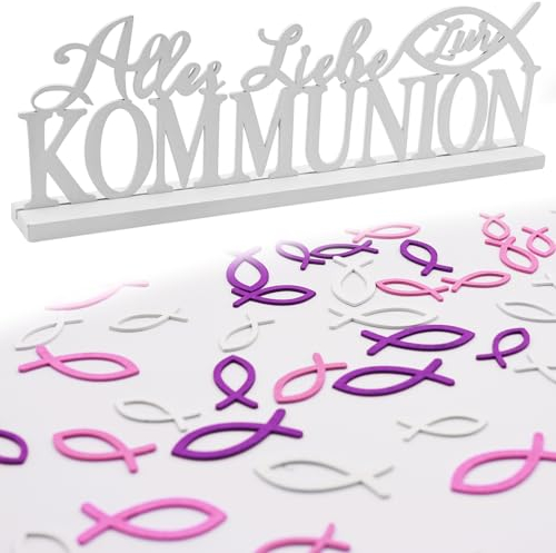 Kommunion Deko 1 Schriftzug Tischdeko Kommunion 45 Stück Streudeko Fische Holz Erstkommunion Deko für Mädchen und Jungen Geschenkidee