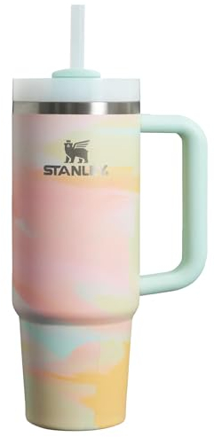 STANLEY Quencher H2.0 FlowState Trinkbecher, vakuumisoliert, aus Edelstahl mit Deckel und Trinkhalm, für Wasser, Eistee oder Kaffee (Warme, ruhige Pinselstriche, 1,2 Liter)