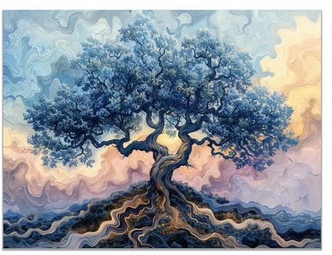 JOSUE Tableau Sur Toile Arbre De Vie Paysage d’arbre Tableau Chambre Adulte Sur Toile,Gris, bleu Arbre De Vie Decoration Murale Chambre Salon- 50x70cm Sans cadre