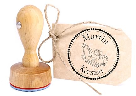 Dekolando Bagger Stempel personalisiert Kinder - mit persönlichem Namen - Kinderstempel Namensstempel Junge Motivstempel Holzstempel Ø 24 mm - Stempelkissen optional (Bagger)