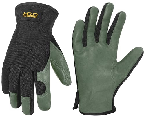 HANDLANDY Herren-Gartenhandschuhe aus Leder, Allzweck-Arbeitshandschuhe für Garten- und Bauarbeiten, Geschicklichkeit und atmungsaktive Bauhandschuhe (Olivgrün, L)