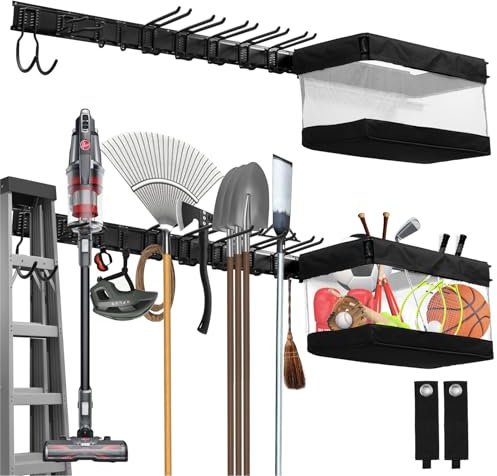 Support de rangement d’outils de garage, support d’organisateur d’outils de jardin avec 9 crochets avec 2 sangles et 1 panier en tissu, crochets en métal réglables