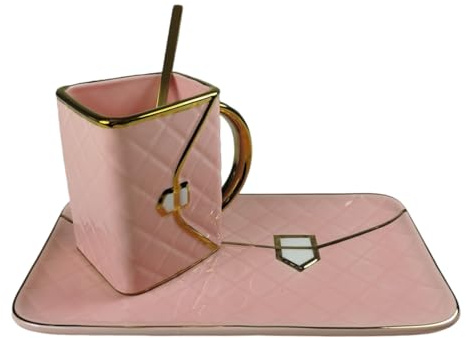 Gadget Master Shopping Bag Kaffeebecher Set Handtasche Tasse mit Löffel und Untertasse in Rosa, 300 ml, Keramik