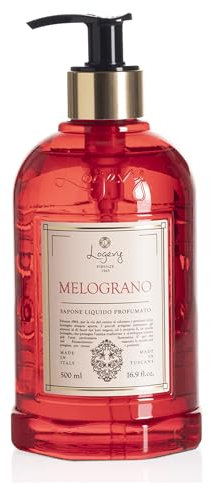 Logevy Flüssigseife mit Granatapfelduft, revitalisierend mit hautfreundlichen Inhaltsstoffen, für eine nährende, feuchtigkeitsspendende und beruhigende Wirkung, in eleganter Flasche mit Siebdruck im