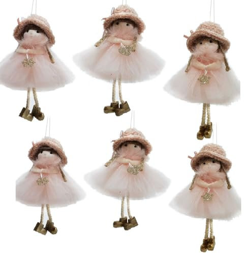Set di 6 Bamboline da Appendere all'Albero di Natale Con Cappello Sciarpa Pellicciosa Rosa Gonna in Tulle e Piedi Pensolanti - Decorazioni Natalizie da 17 cm