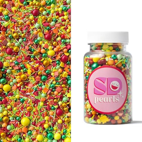 SD Pearls Zuckerperlen – Herbstliche Zuckerstreusel mit essbaren Blättern & goldenen Perlen | Bunte Streuselmischung in Rot, Gelb & Grün für Kuchen, Cupcakes, Kekse & Muffins (Mix „Laubfall“, 100g)