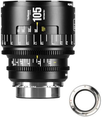 Obiettivo cinematografico manuale professionale full frame 7artisans 105 mm T2.1 serie Infinte, compatibile con attacco PL per fotografia e riprese video, nero